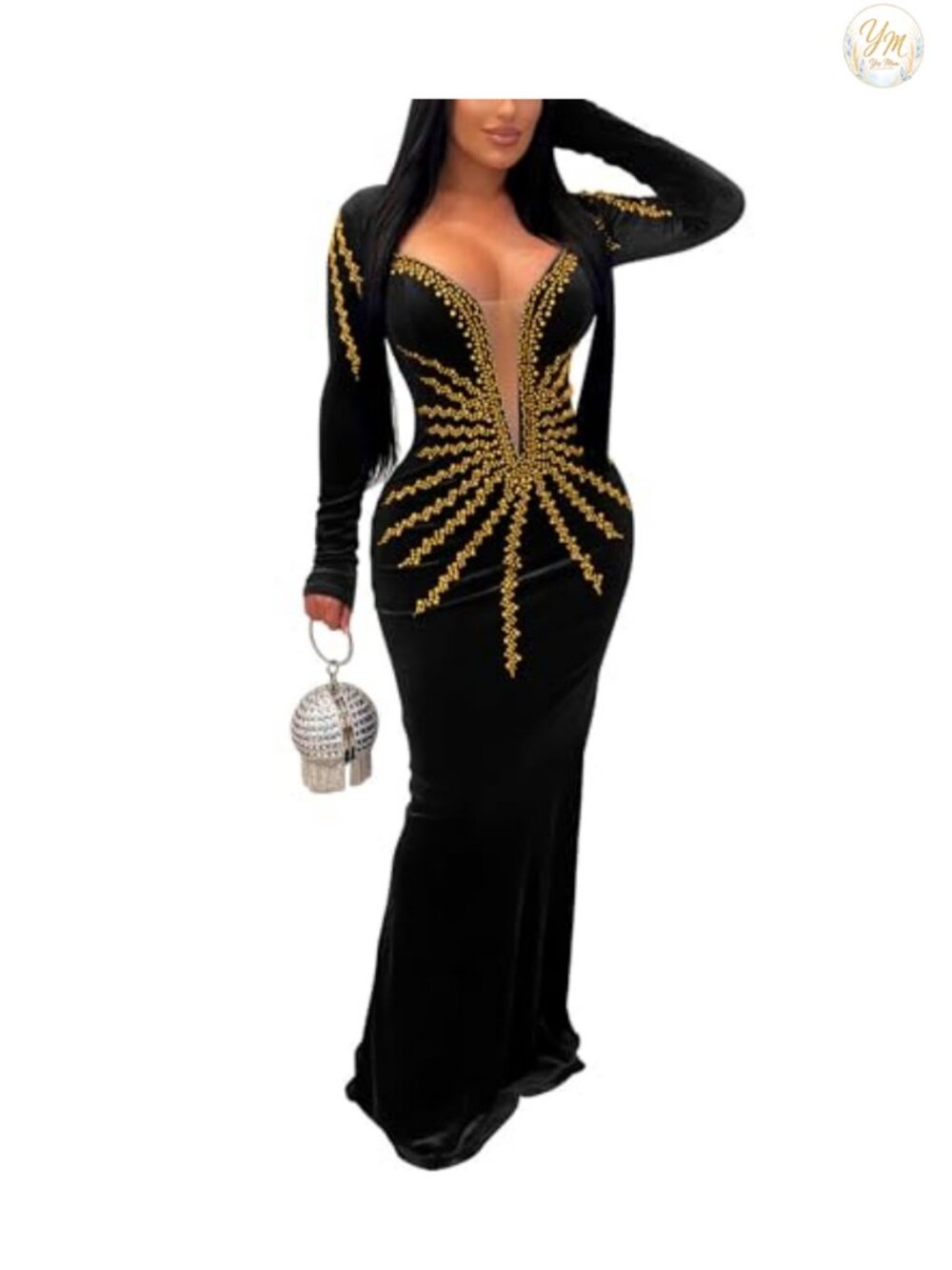 Rhinestone Embellished Velvet Party Maxi Dress Long Sleeve V-Neck Mermaid